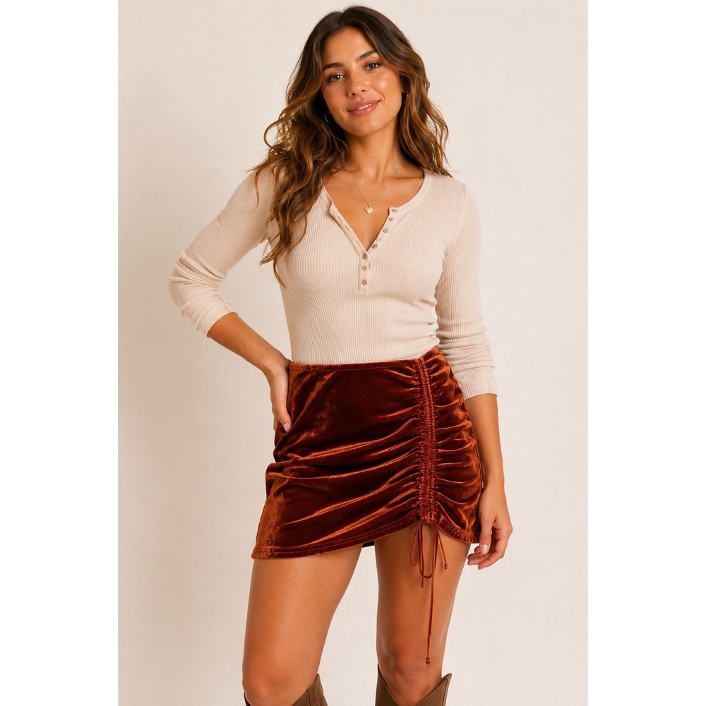 Free People Crushed Velvet Ruched Mini Skirt Size 2 Rust Brown Drawstring Y2K